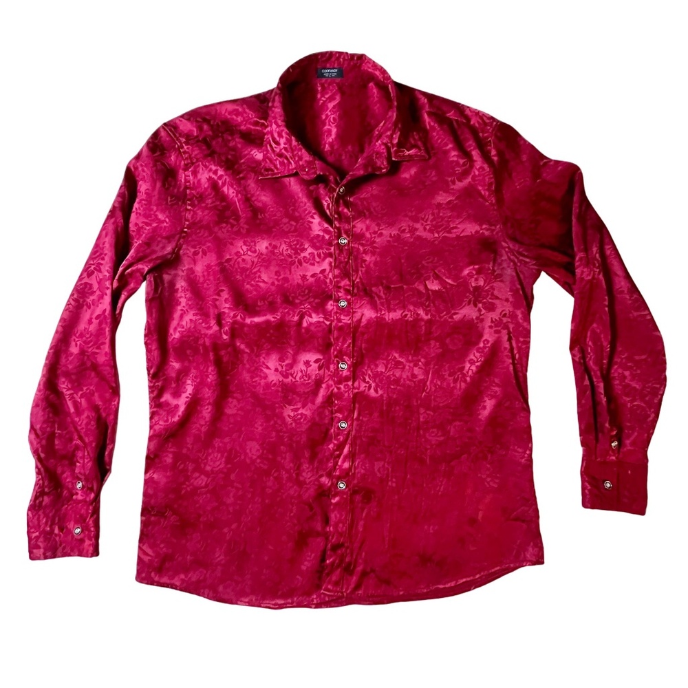 Vintage Red Floral Silky Button Down Collared Long Sleeve Shirt Blouse Large